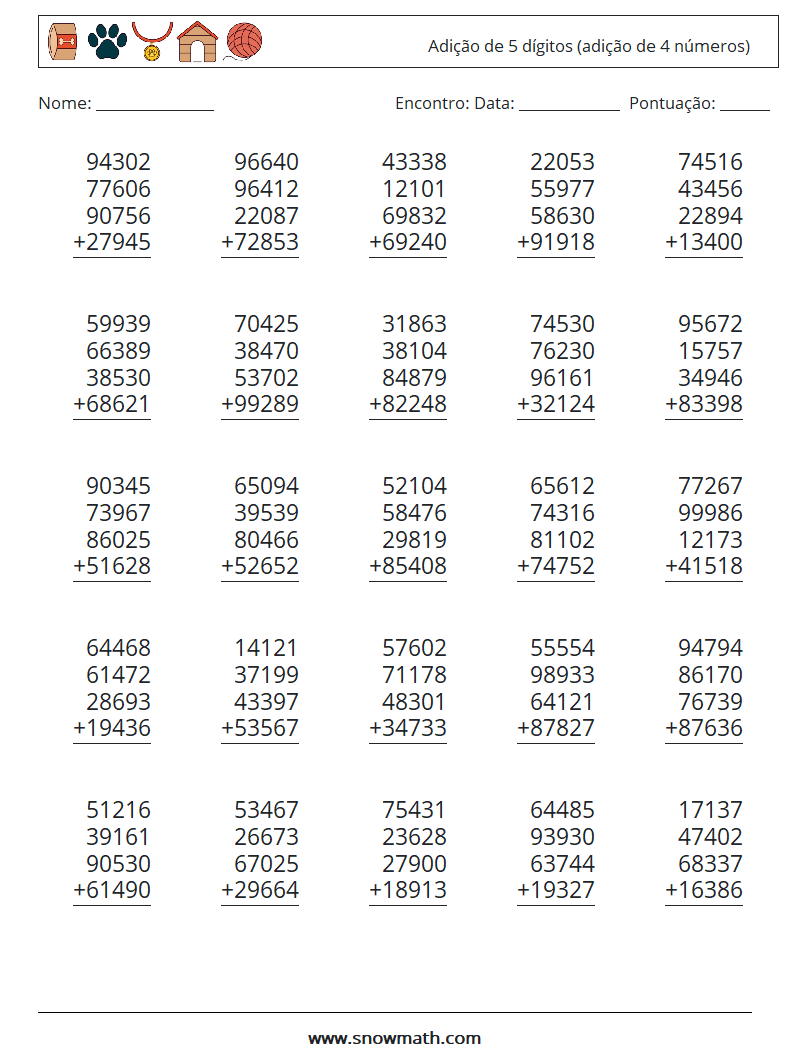 (25) Adição de 5 dígitos (adição de 4 números) planilhas matemáticas 4