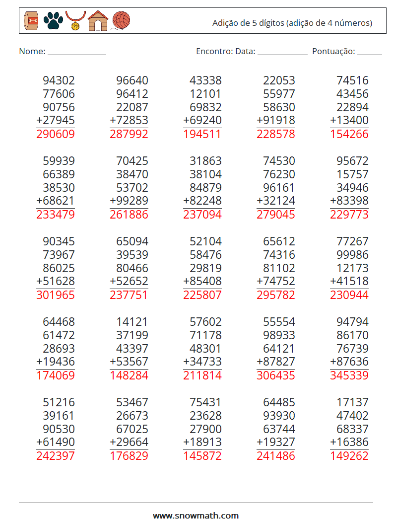 (25) Adição de 5 dígitos (adição de 4 números) planilhas matemáticas 4 Pergunta, Resposta