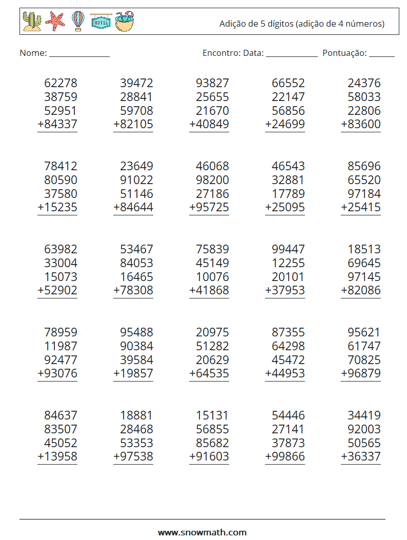 (25) Adição de 5 dígitos (adição de 4 números) planilhas matemáticas 5