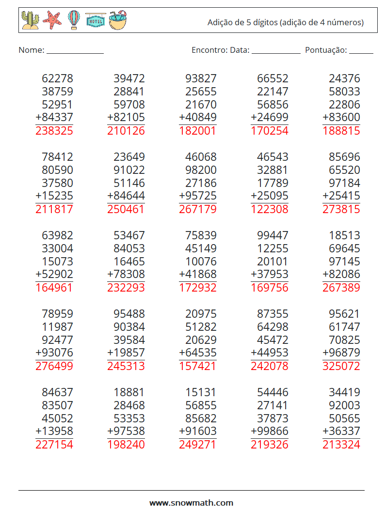 (25) Adição de 5 dígitos (adição de 4 números) planilhas matemáticas 5 Pergunta, Resposta