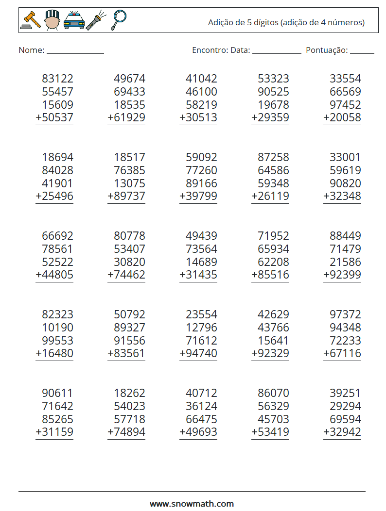 (25) Adição de 5 dígitos (adição de 4 números) planilhas matemáticas 6