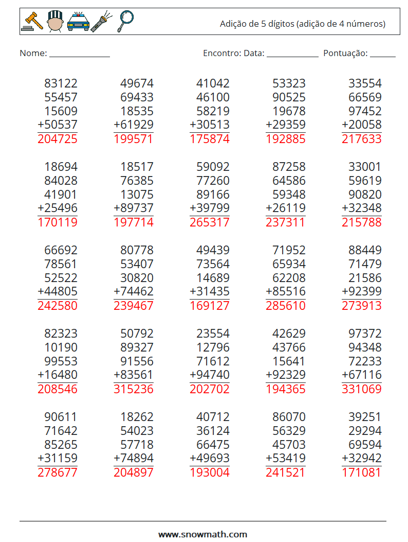 (25) Adição de 5 dígitos (adição de 4 números) planilhas matemáticas 6 Pergunta, Resposta