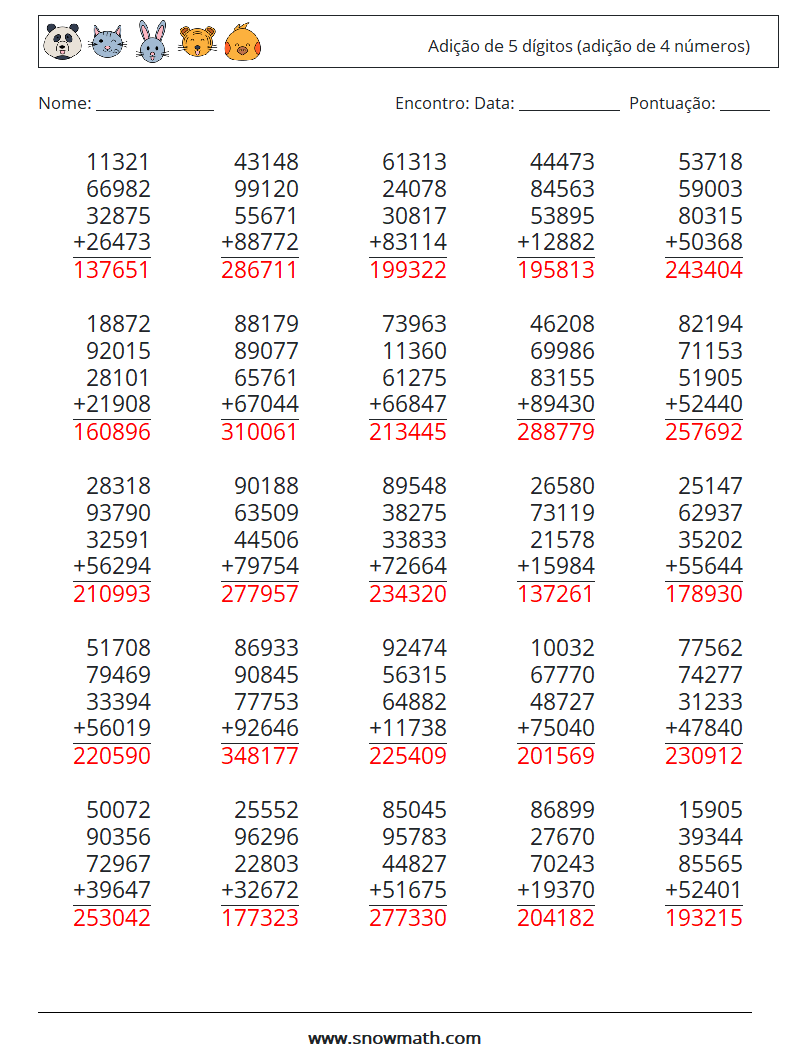 (25) Adição de 5 dígitos (adição de 4 números) planilhas matemáticas 7 Pergunta, Resposta