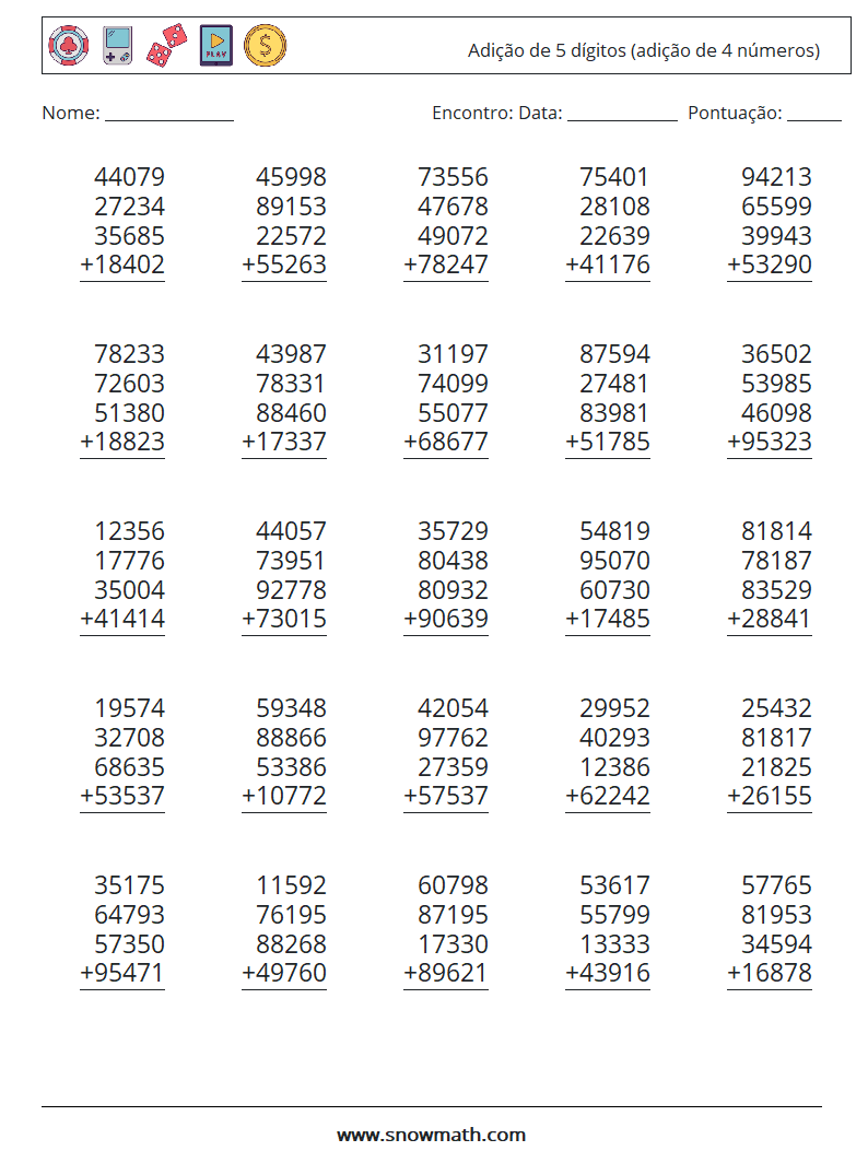 (25) Adição de 5 dígitos (adição de 4 números) planilhas matemáticas 8