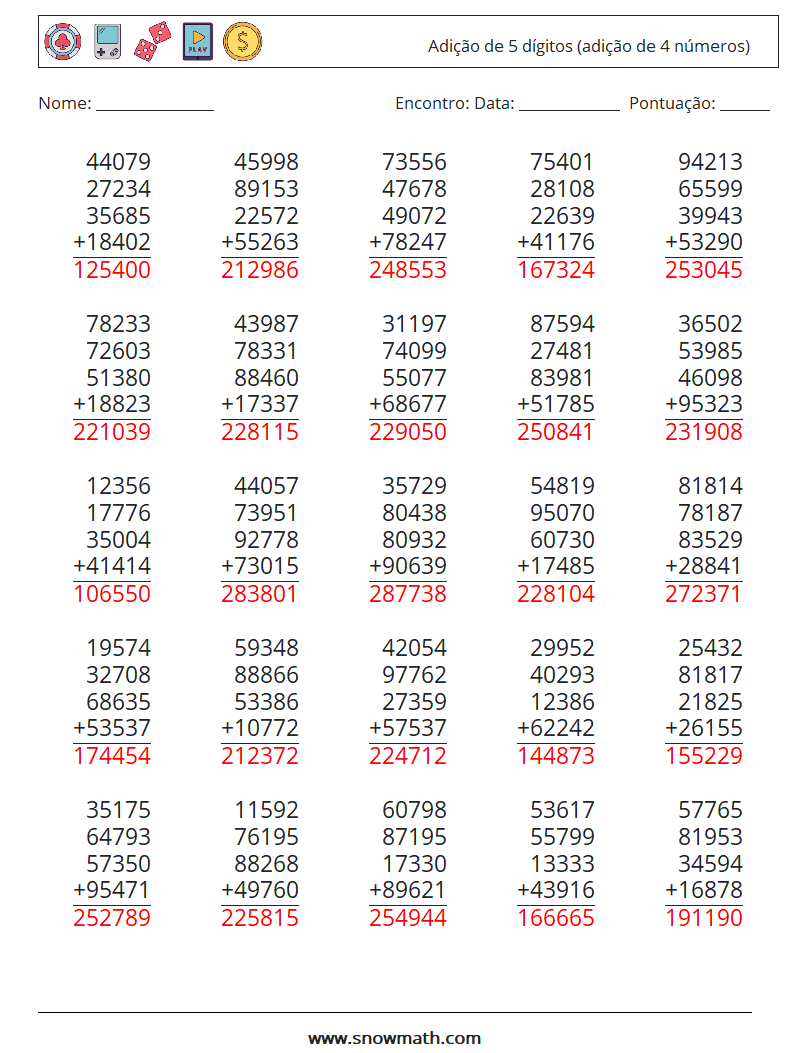 (25) Adição de 5 dígitos (adição de 4 números) planilhas matemáticas 8 Pergunta, Resposta