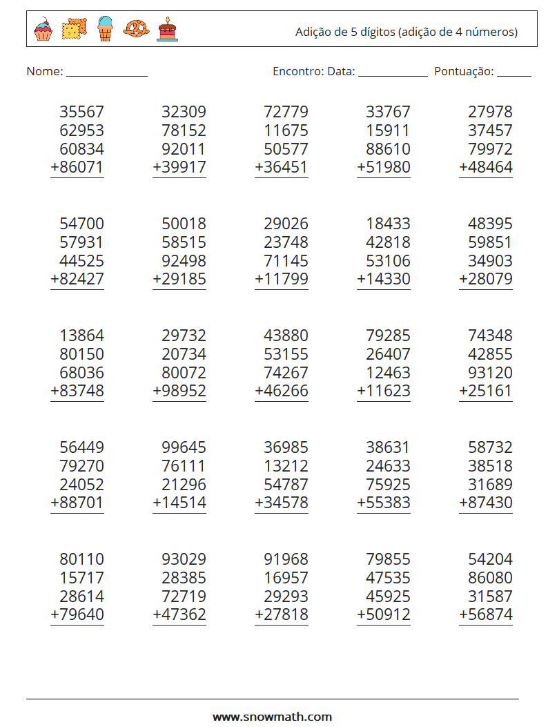 (25) Adição de 5 dígitos (adição de 4 números) planilhas matemáticas 9