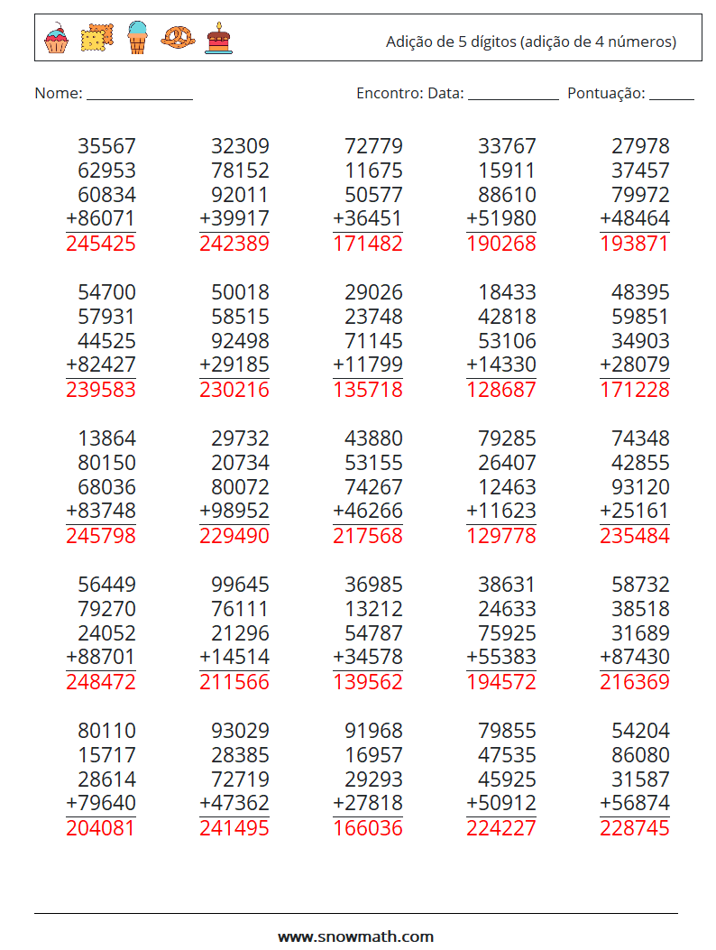 (25) Adição de 5 dígitos (adição de 4 números) planilhas matemáticas 9 Pergunta, Resposta