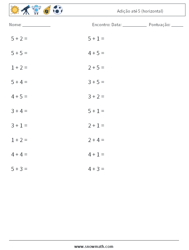 (20) Adição até 5 (horizontal) planilhas matemáticas 1