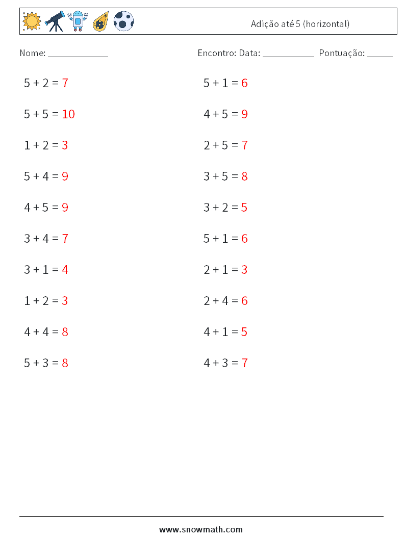 (20) Adição até 5 (horizontal) planilhas matemáticas 1 Pergunta, Resposta