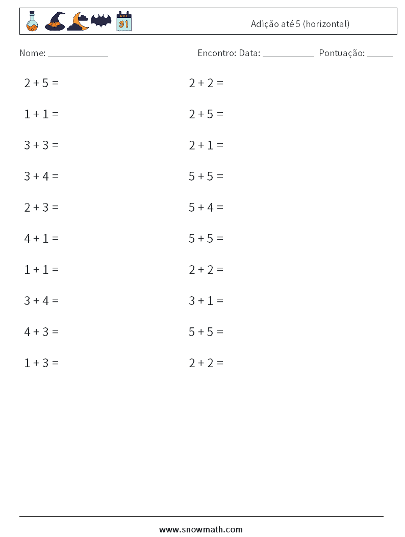 (20) Adição até 5 (horizontal) planilhas matemáticas 2