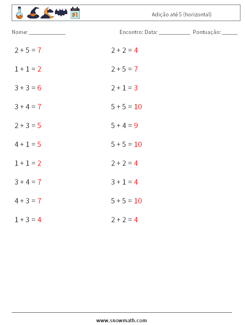 (20) Adição até 5 (horizontal) planilhas matemáticas 2 Pergunta, Resposta