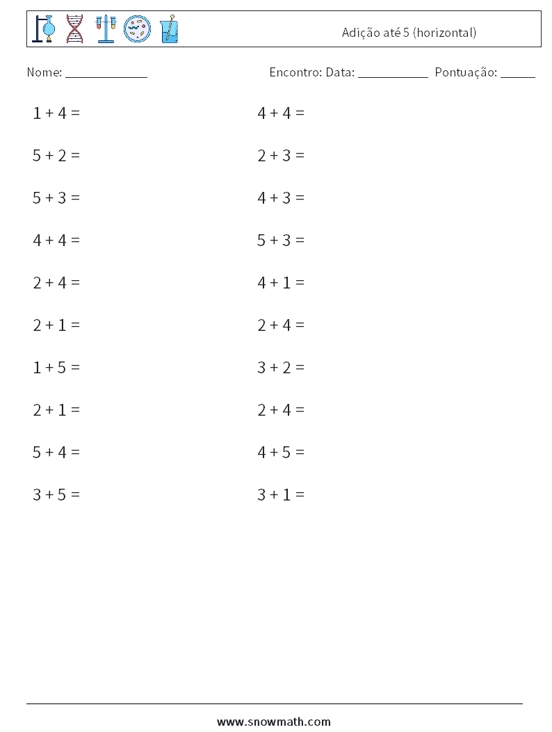 (20) Adição até 5 (horizontal) planilhas matemáticas 3