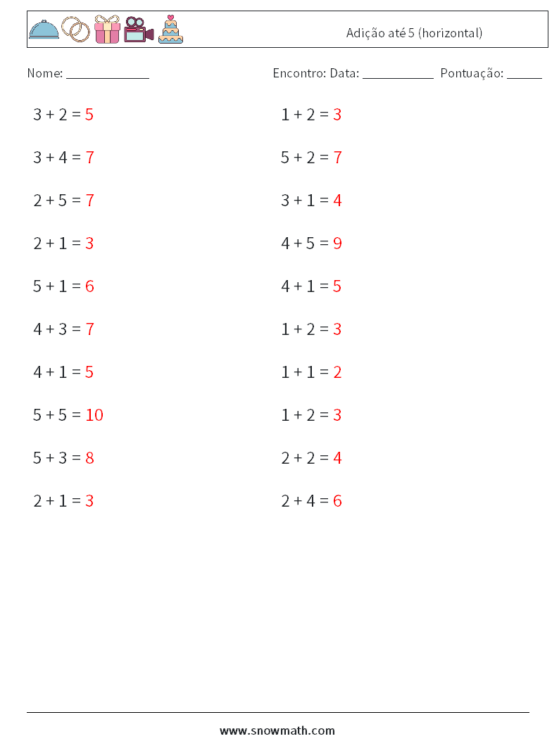 (20) Adição até 5 (horizontal) planilhas matemáticas 4 Pergunta, Resposta