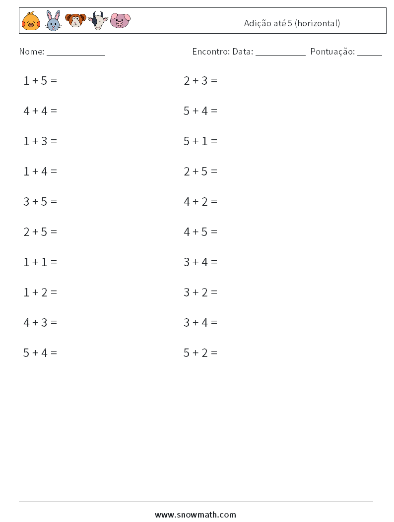 (20) Adição até 5 (horizontal) planilhas matemáticas 5