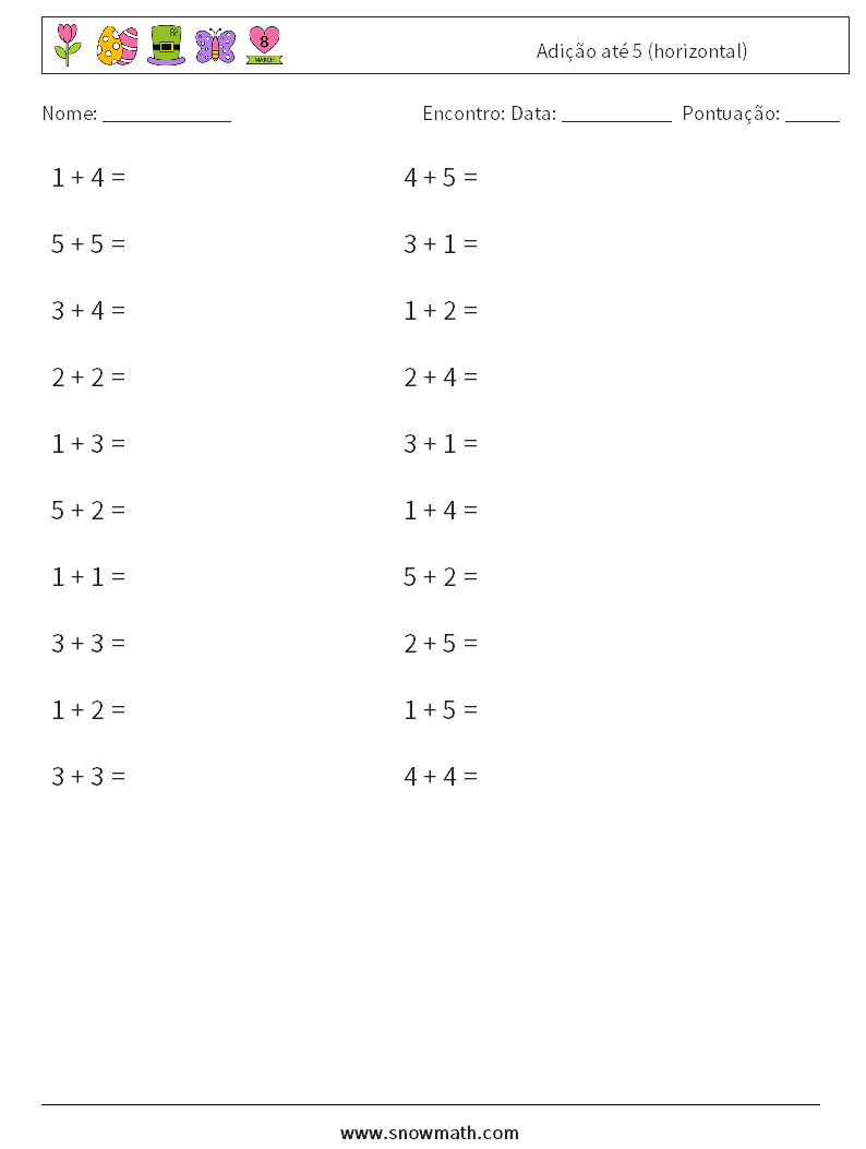 (20) Adição até 5 (horizontal) planilhas matemáticas 9