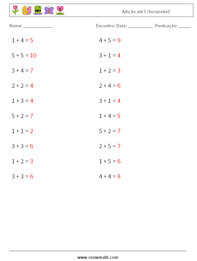 (20) Adição até 5 (horizontal) planilhas matemáticas 9 Pergunta, Resposta