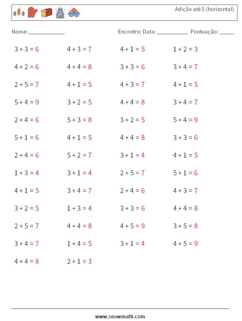 (50) Adição até 5 (horizontal) planilhas matemáticas 1 Pergunta, Resposta