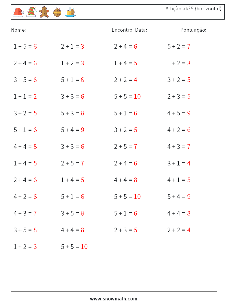 (50) Adição até 5 (horizontal) planilhas matemáticas 2 Pergunta, Resposta