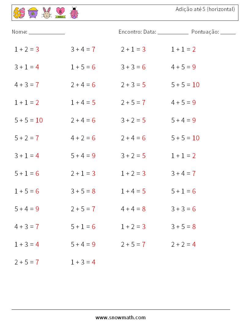 (50) Adição até 5 (horizontal) planilhas matemáticas 3 Pergunta, Resposta