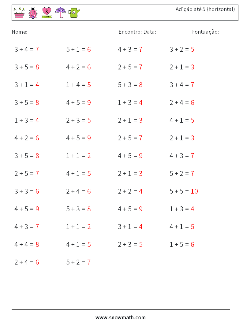(50) Adição até 5 (horizontal) planilhas matemáticas 4 Pergunta, Resposta