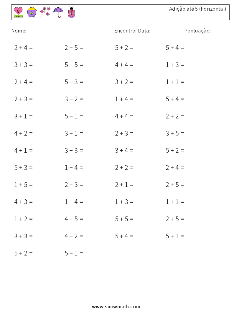 (50) Adição até 5 (horizontal) planilhas matemáticas 5