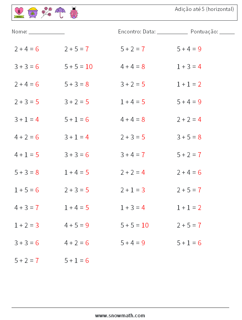 (50) Adição até 5 (horizontal) planilhas matemáticas 5 Pergunta, Resposta