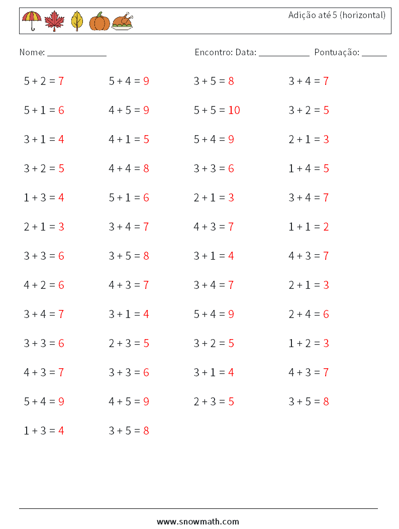 (50) Adição até 5 (horizontal) planilhas matemáticas 6 Pergunta, Resposta