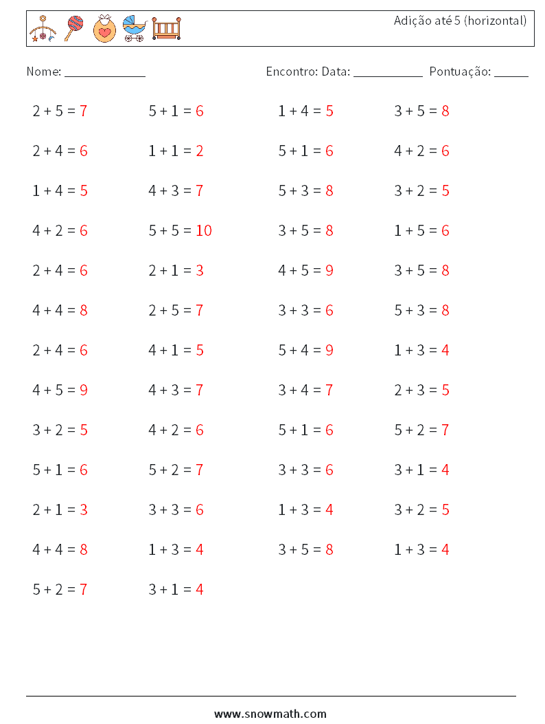 (50) Adição até 5 (horizontal) planilhas matemáticas 7 Pergunta, Resposta