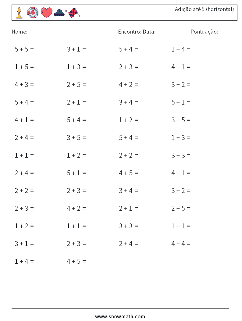 (50) Adição até 5 (horizontal) planilhas matemáticas 8