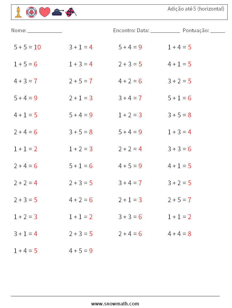 (50) Adição até 5 (horizontal) planilhas matemáticas 8 Pergunta, Resposta
