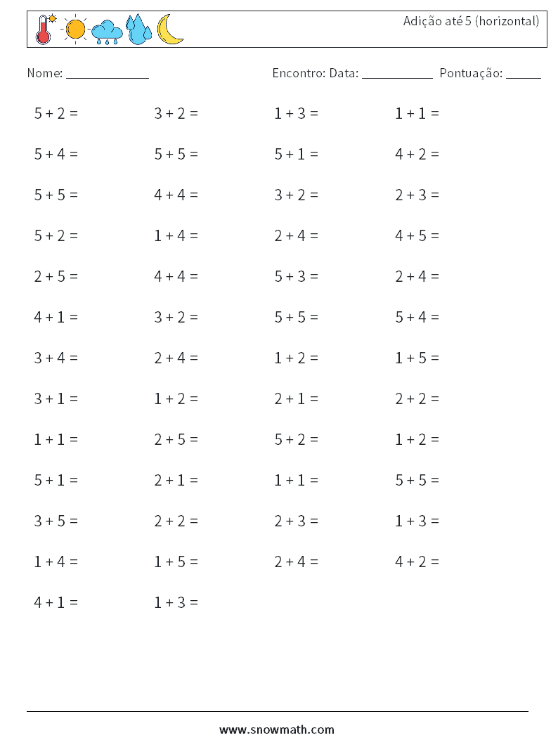 (50) Adição até 5 (horizontal) planilhas matemáticas 9