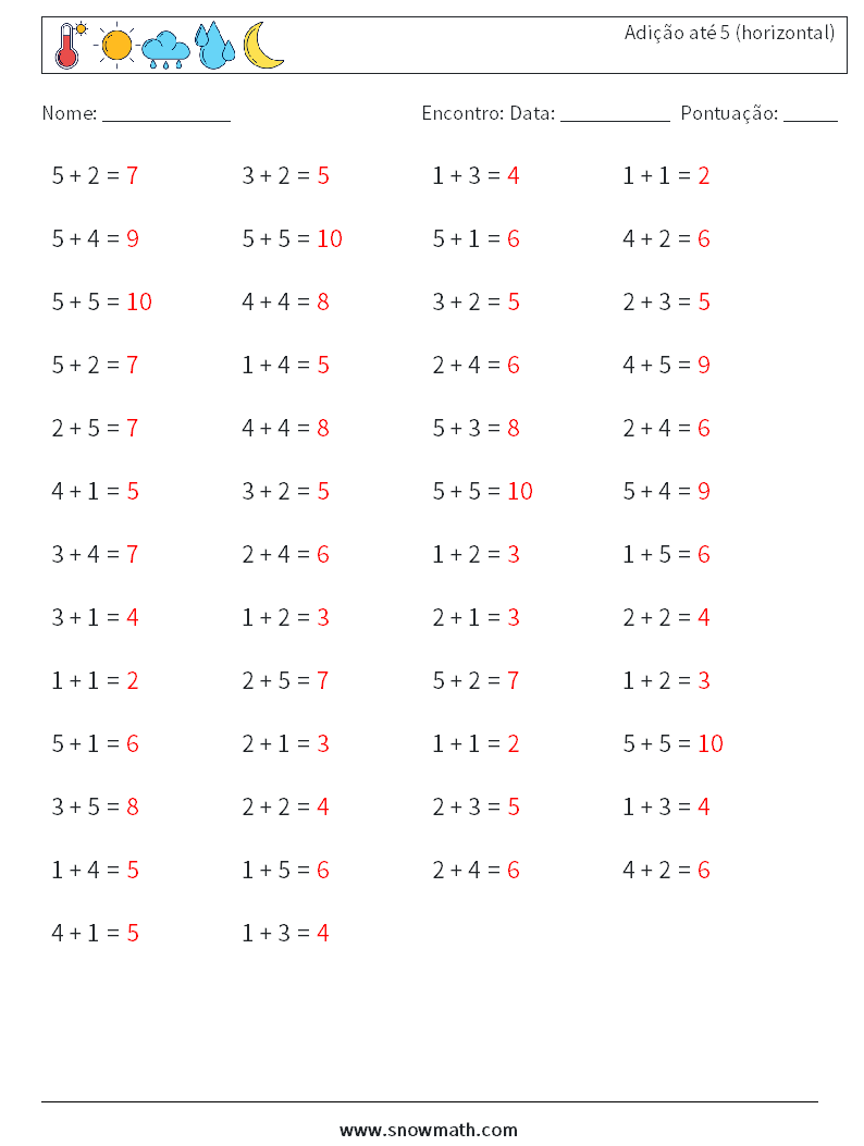 (50) Adição até 5 (horizontal) planilhas matemáticas 9 Pergunta, Resposta
