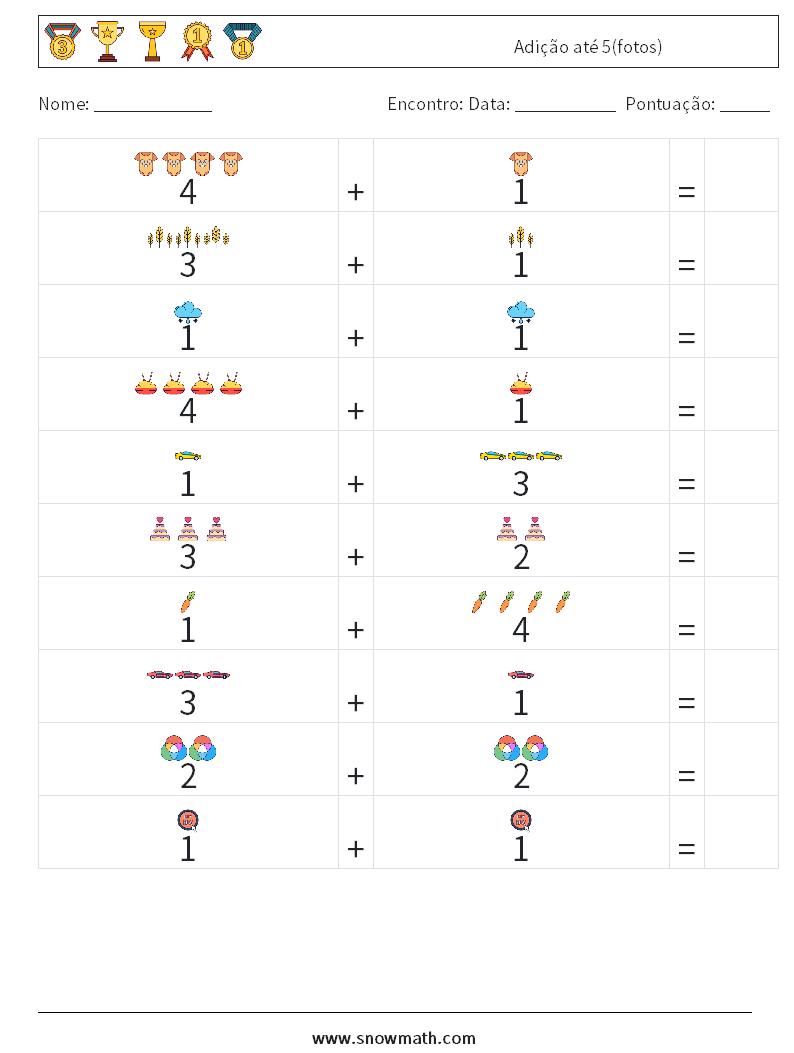Adição até 5(fotos) planilhas matemáticas 1