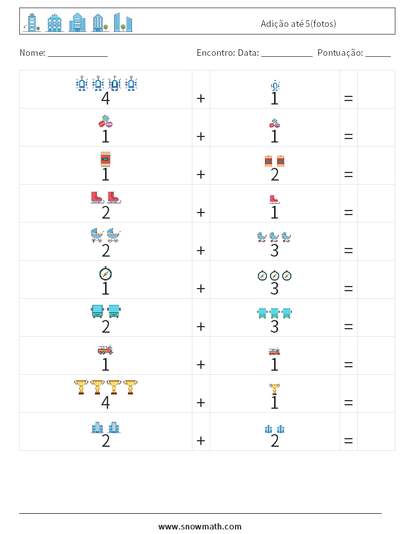 Adição até 5(fotos) planilhas matemáticas 11