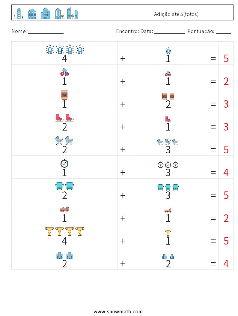 Adição até 5(fotos) planilhas matemáticas 11 Pergunta, Resposta