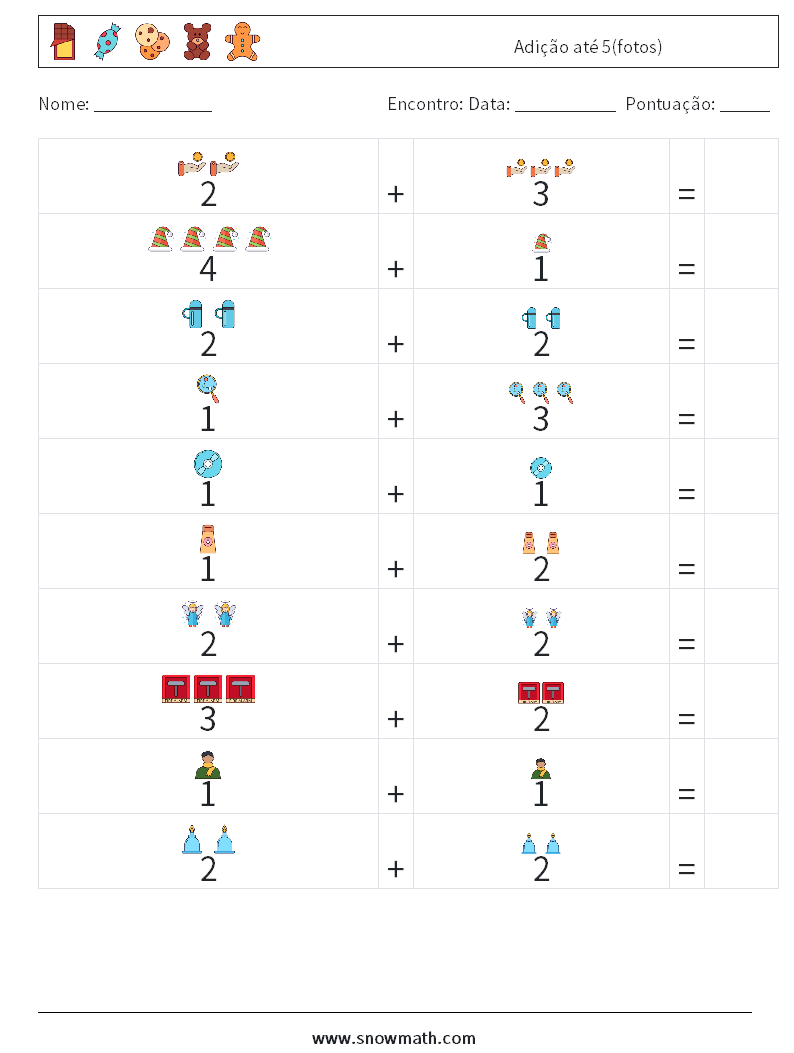 Adição até 5(fotos) planilhas matemáticas 12