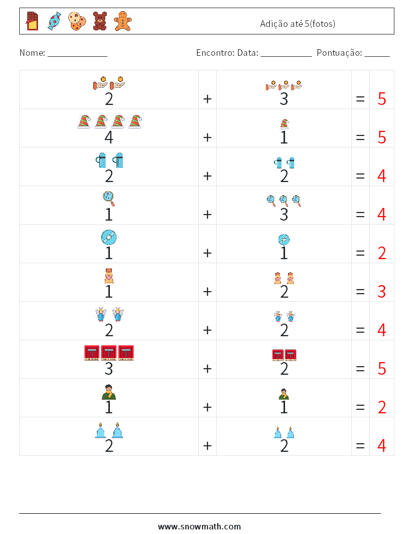 Adição até 5(fotos) planilhas matemáticas 12 Pergunta, Resposta