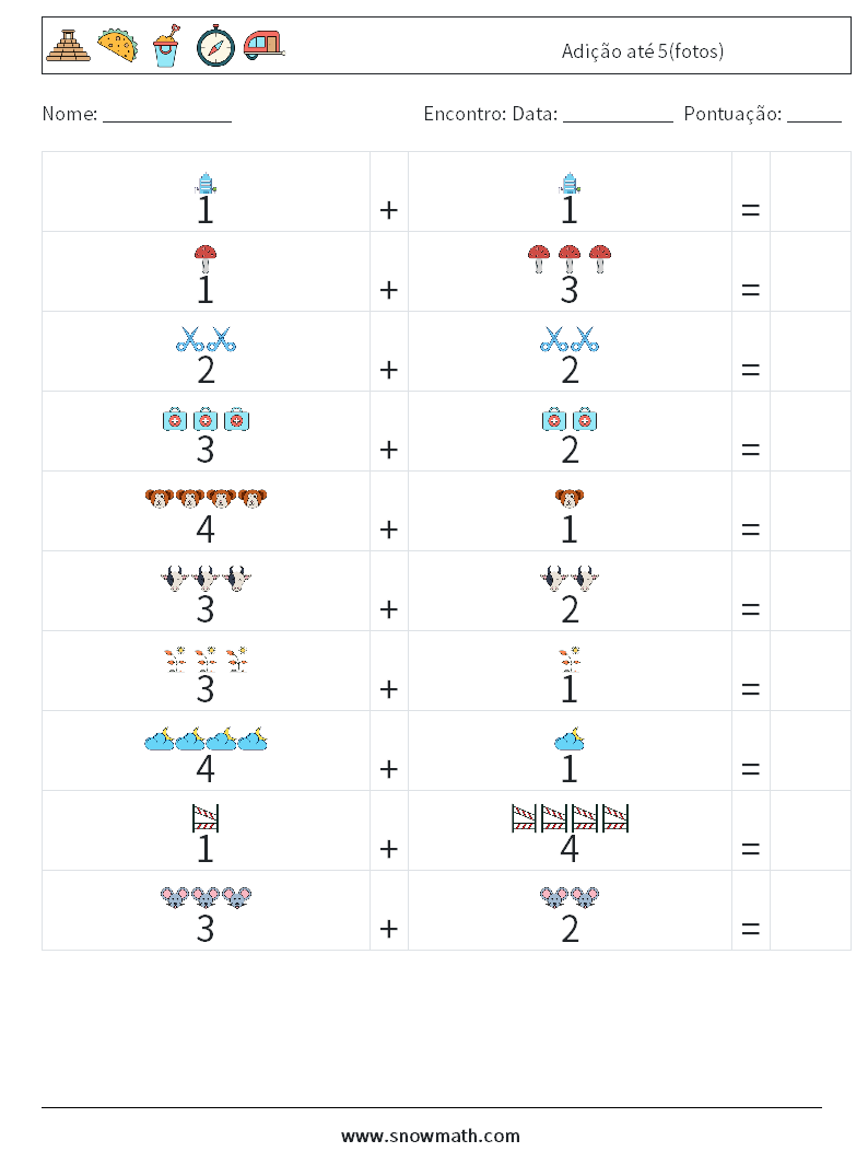 Adição até 5(fotos) planilhas matemáticas 13