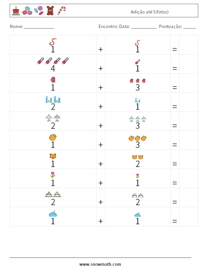 Adição até 5(fotos) planilhas matemáticas 14