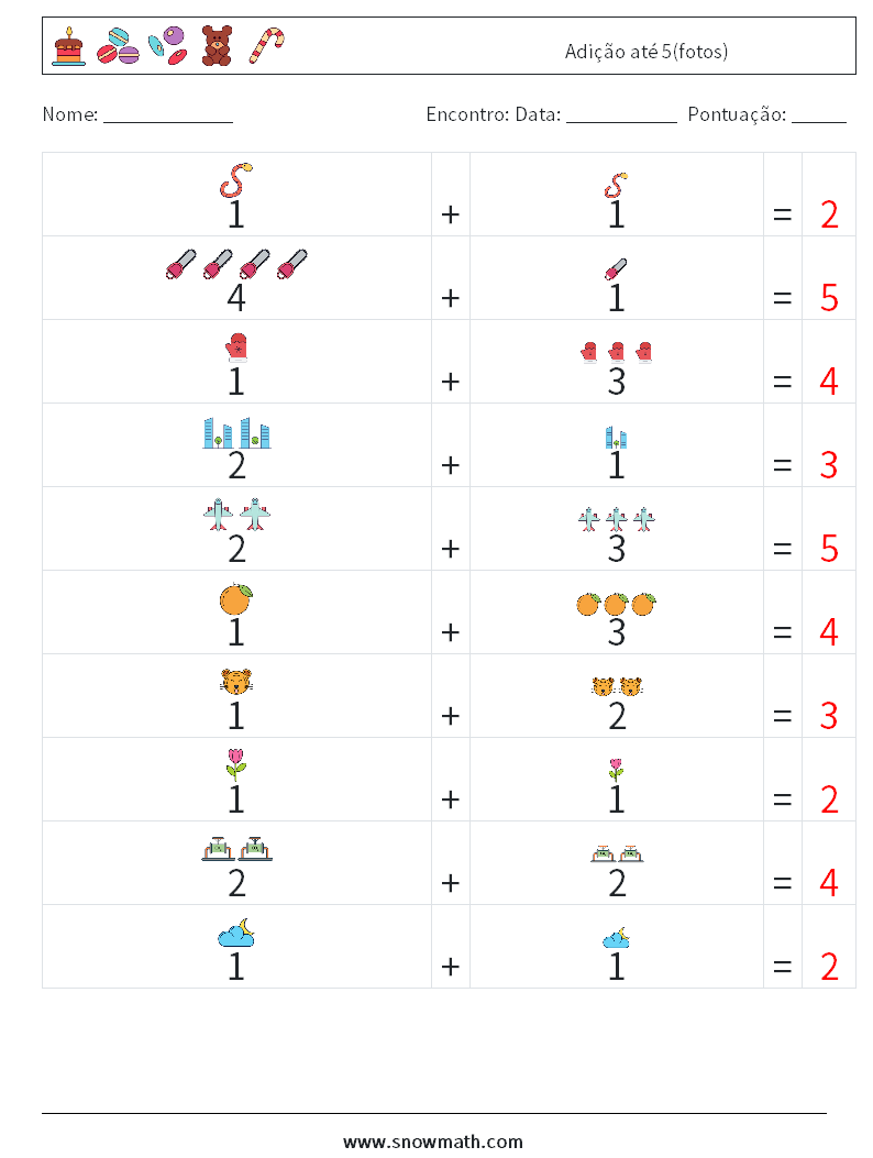 Adição até 5(fotos) planilhas matemáticas 14 Pergunta, Resposta