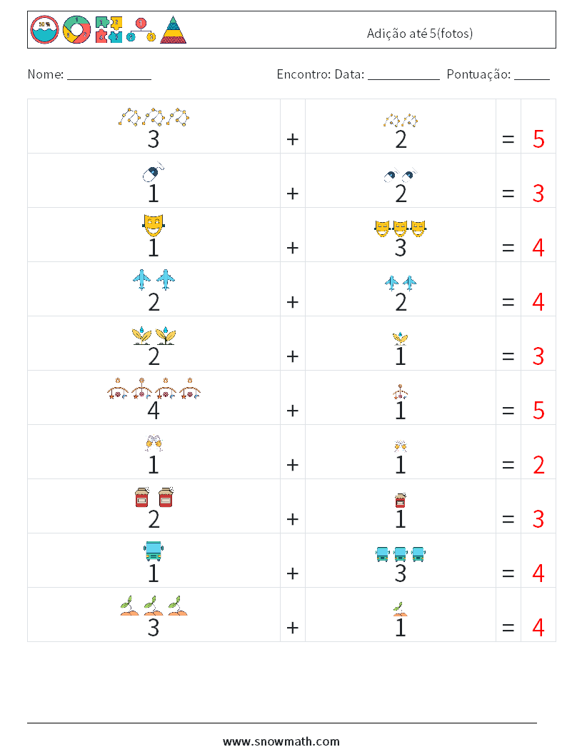 Adição até 5(fotos) planilhas matemáticas 15 Pergunta, Resposta