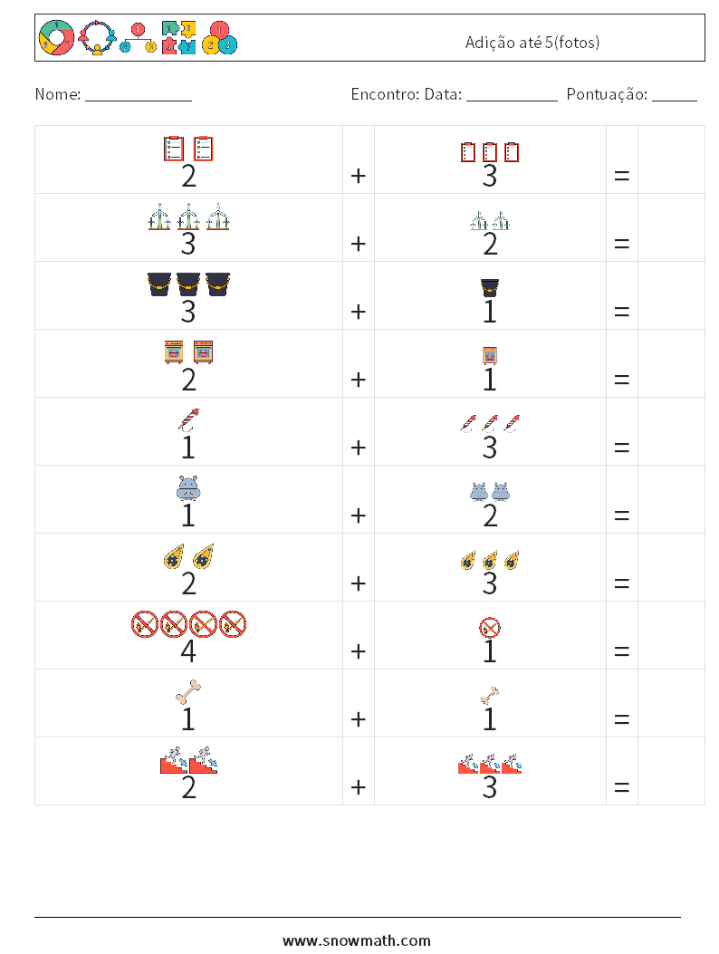 Adição até 5(fotos) planilhas matemáticas 16