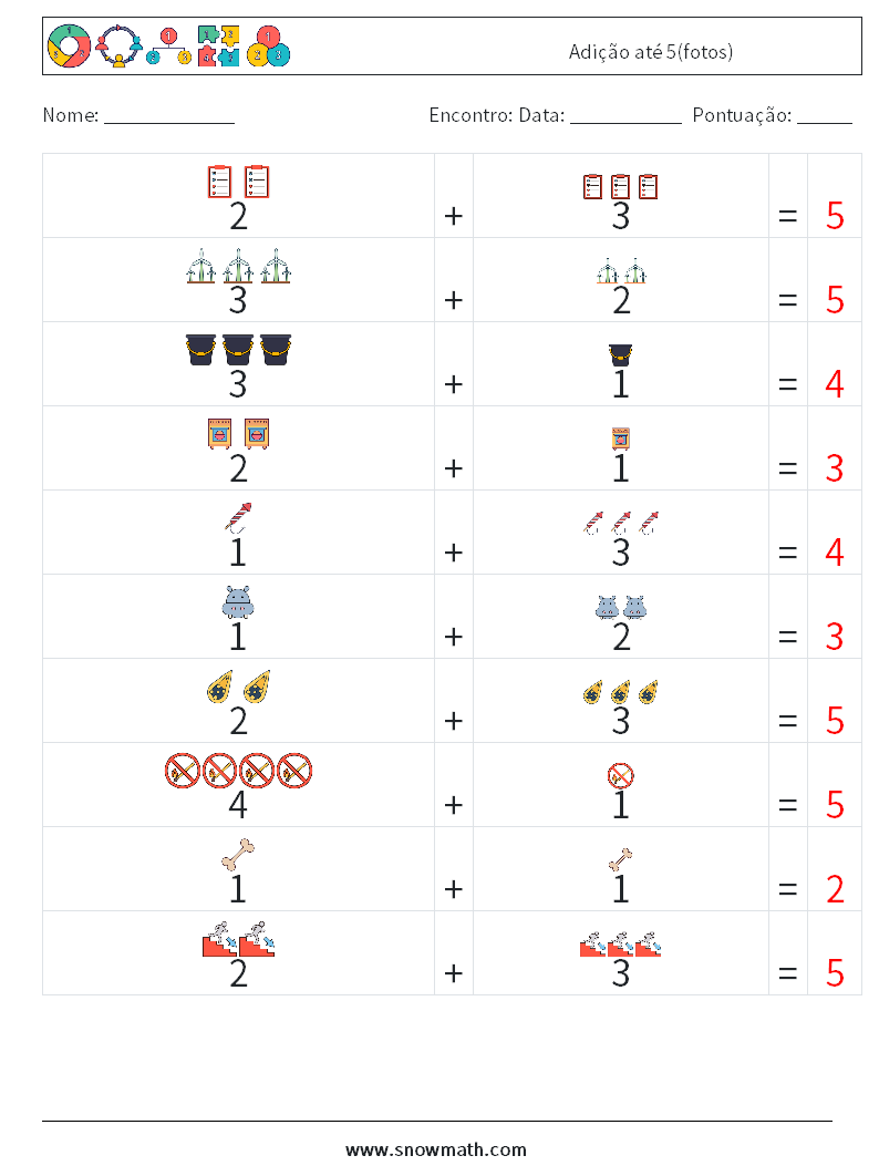 Adição até 5(fotos) planilhas matemáticas 16 Pergunta, Resposta