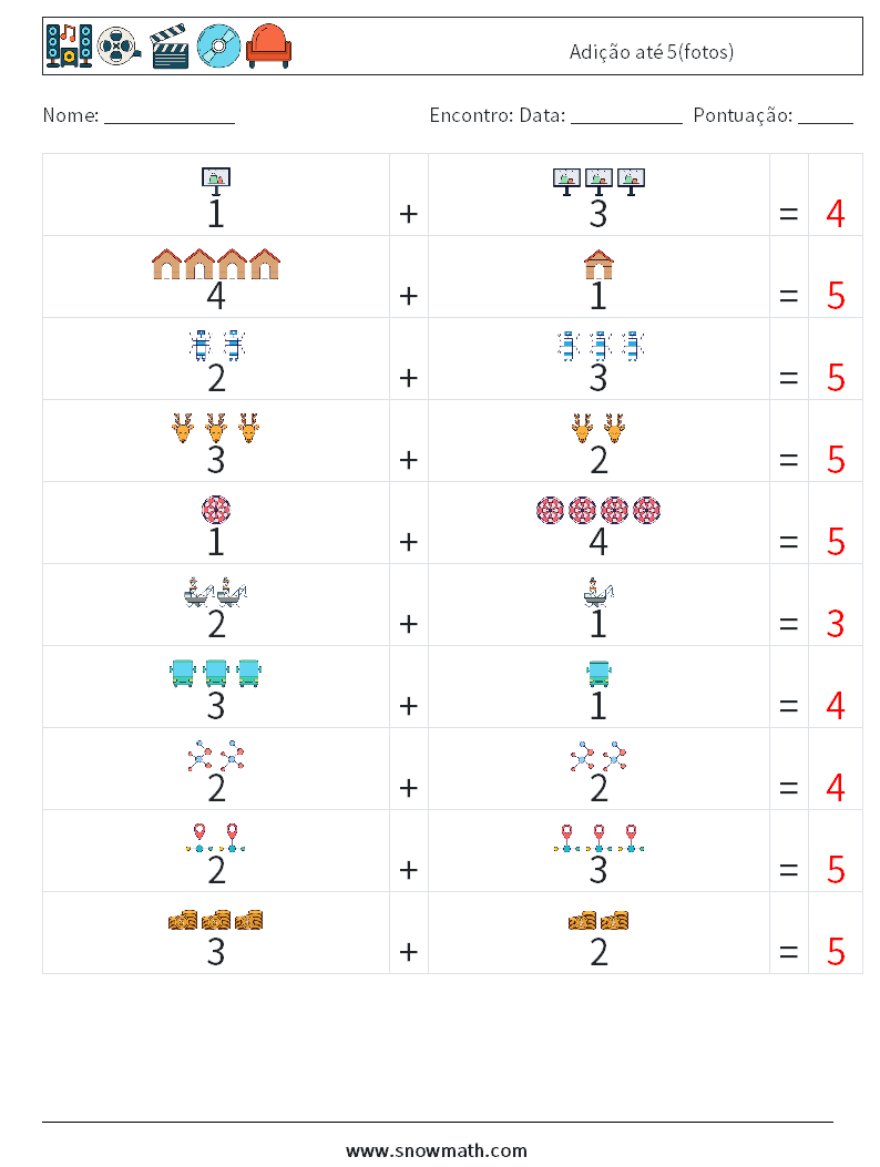 Adição até 5(fotos) planilhas matemáticas 17 Pergunta, Resposta