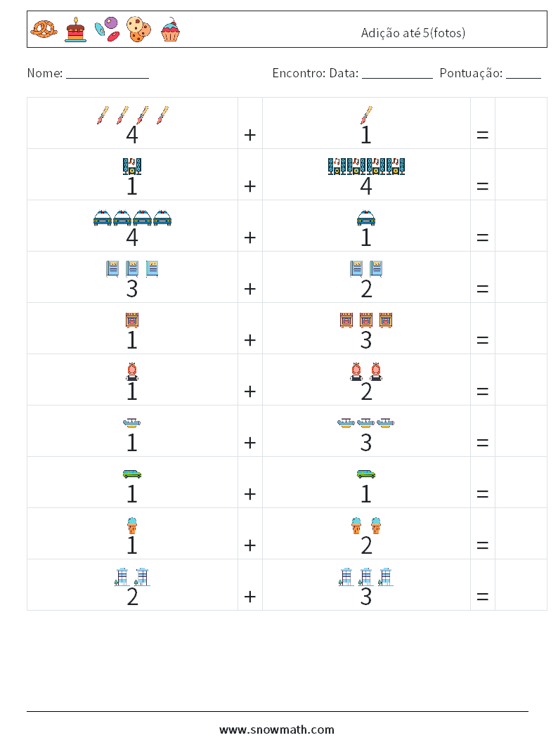 Adição até 5(fotos) planilhas matemáticas 18