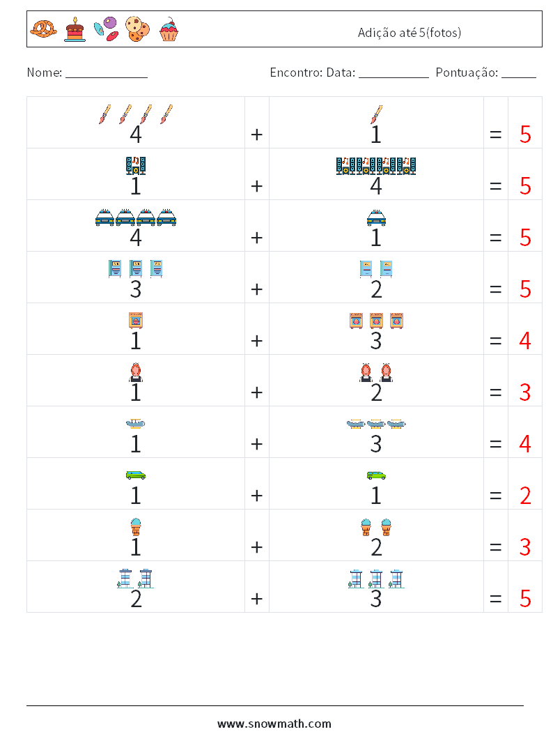 Adição até 5(fotos) planilhas matemáticas 18 Pergunta, Resposta