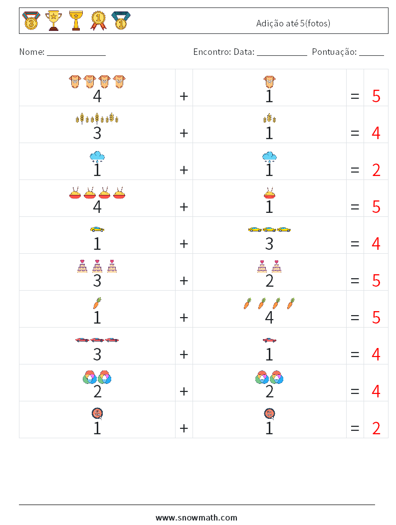 Adição até 5(fotos) planilhas matemáticas 1 Pergunta, Resposta