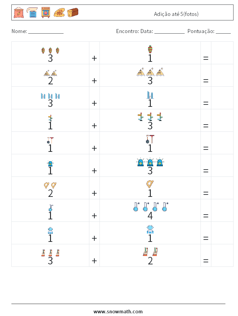 Adição até 5(fotos) planilhas matemáticas 2