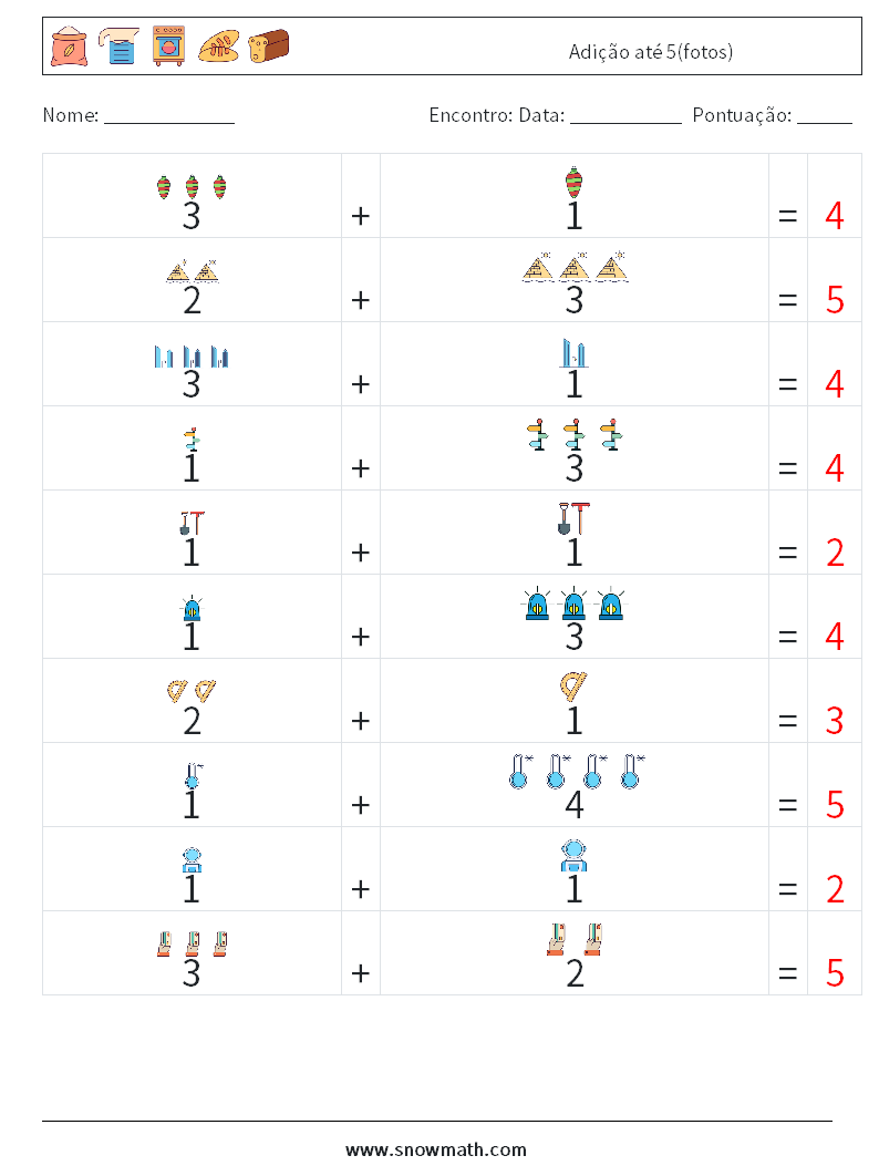 Adição até 5(fotos) planilhas matemáticas 2 Pergunta, Resposta