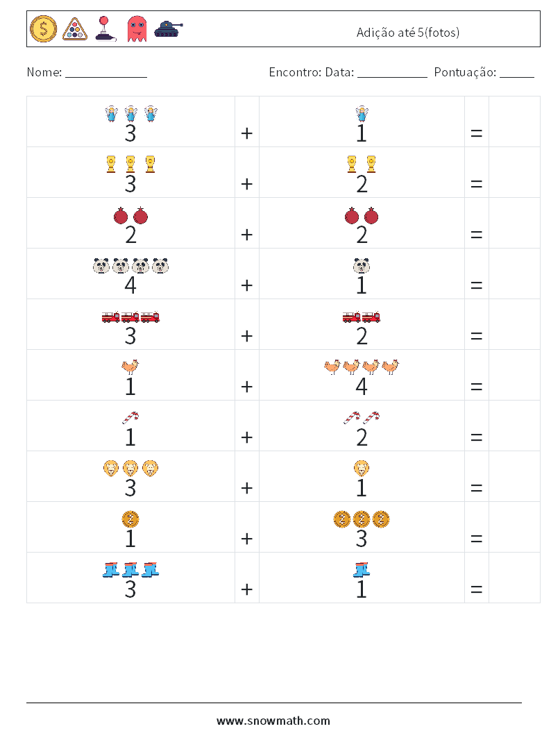 Adição até 5(fotos) planilhas matemáticas 3